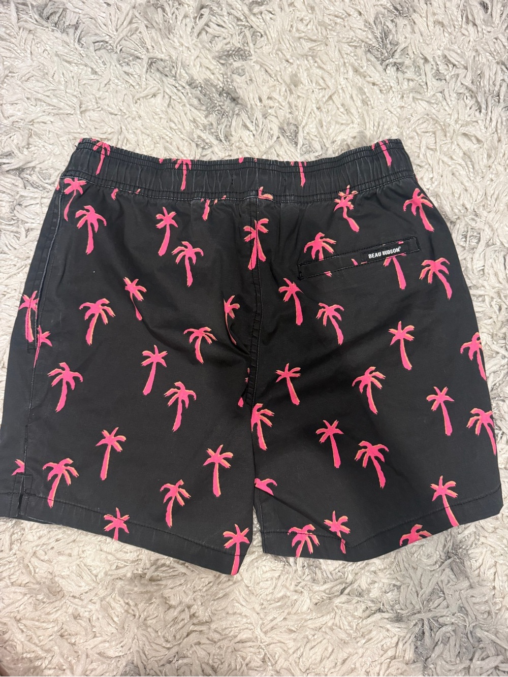 Beau Hudson Black Swim Trunks with Hot Pink Palm Print